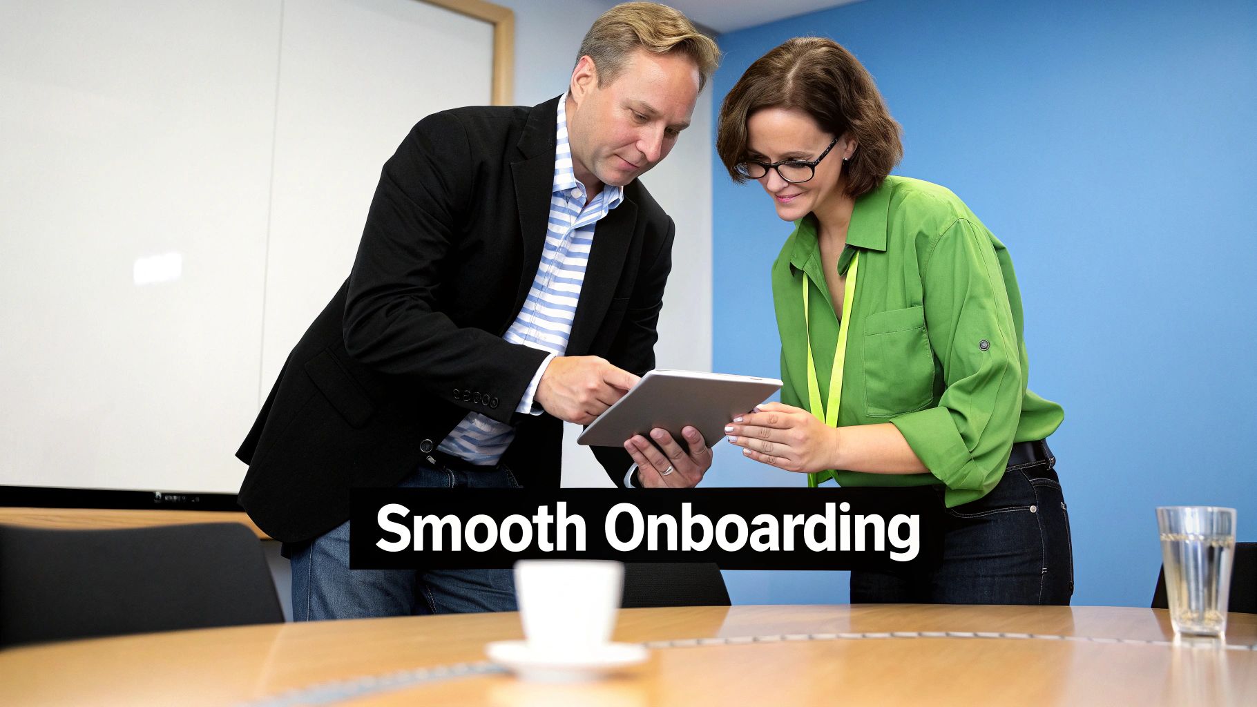 Two professionals, a man and a woman, collaborate using a tablet in an office setting, with 'Smooth Onboarding' text.