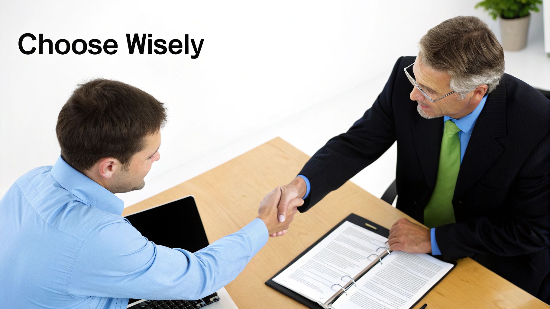Overhead view of two men shaking hands at a desk during a business meeting.