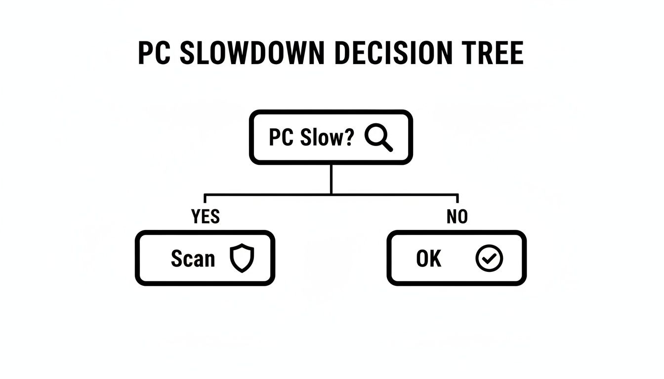 A simple flowchart titled 'PC SLOWDOWN DECISION TREE'. It asks 'PC Slow?'. If yes, it suggests 'Scan'. If no, it indicates 'OK'.