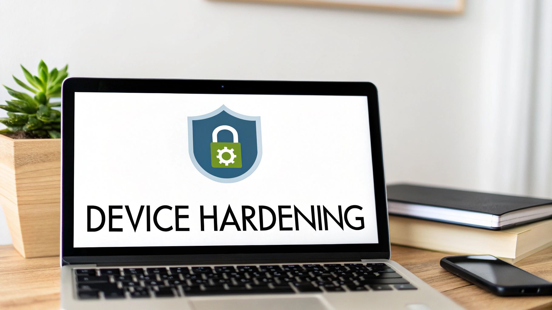 A laptop screen displays 'DEVICE HARDENING' with a shield and padlock icon on a wooden desk.