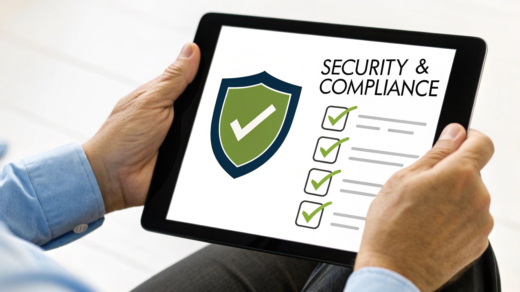 Hands holding a tablet displaying 'SECURITY & COMPLIANCE' with a shield icon and checkmarks.