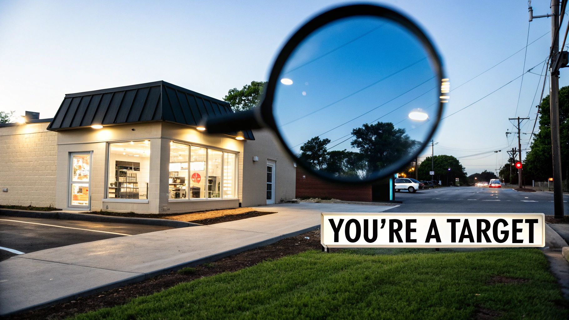 A small business building at dusk with a magnifying glass reflecting the sky, and a 'YOU'RE A TARGET' sign.