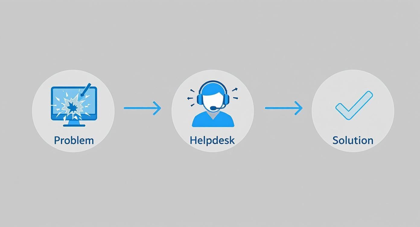 A flowchart illustrates the problem resolution process: from a broken computer icon to helpdesk support, leading to a successful solution.