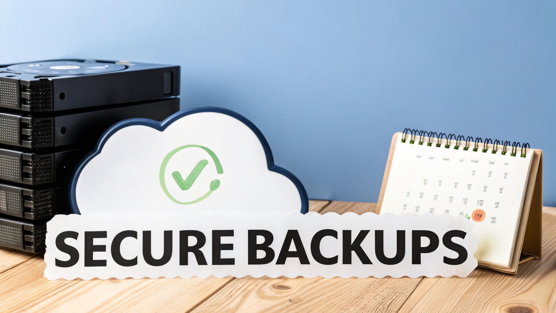 Stack of data storage devices, a cloud icon with a checkmark, and 'SECURE BACKUPS' text.