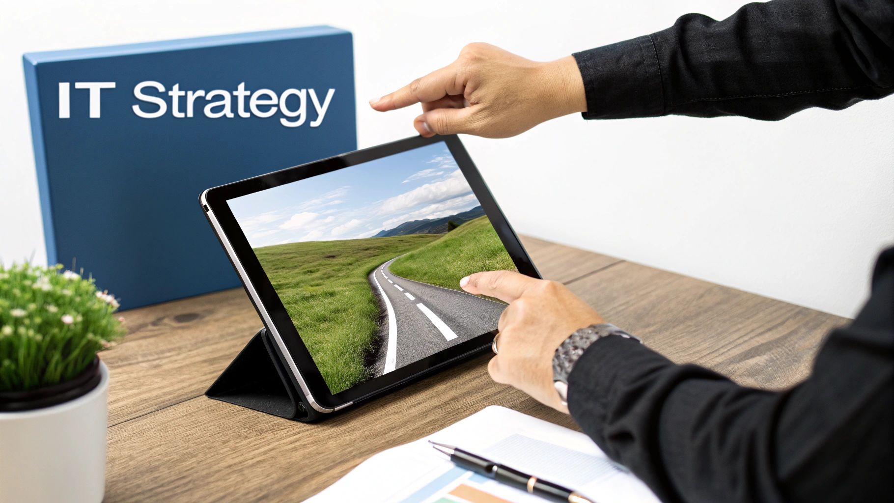 Hands interact with a tablet displaying a scenic road, beside an "IT Strategy" box.
