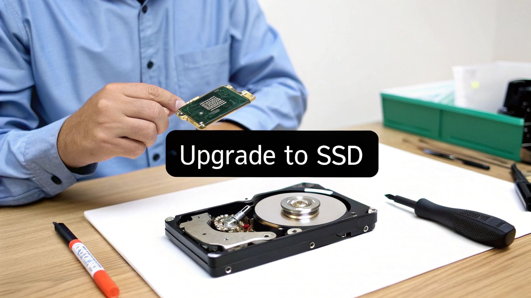 A person holds a computer component over an open hard drive, with text 'Upgrade to SSD'.