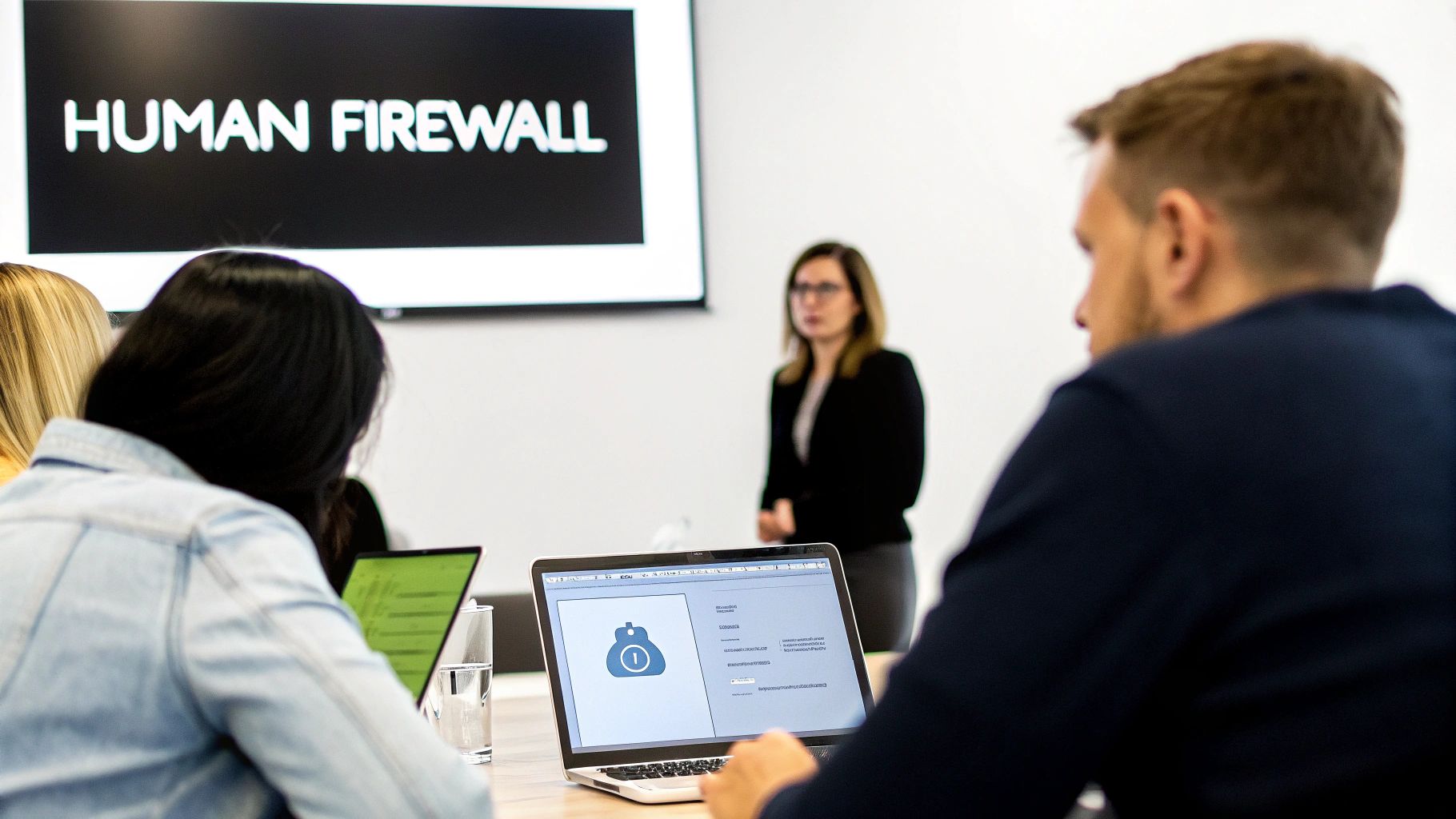 Attendees at a cybersecurity presentation about 'Human Firewall', with one laptop displaying a padlock icon.