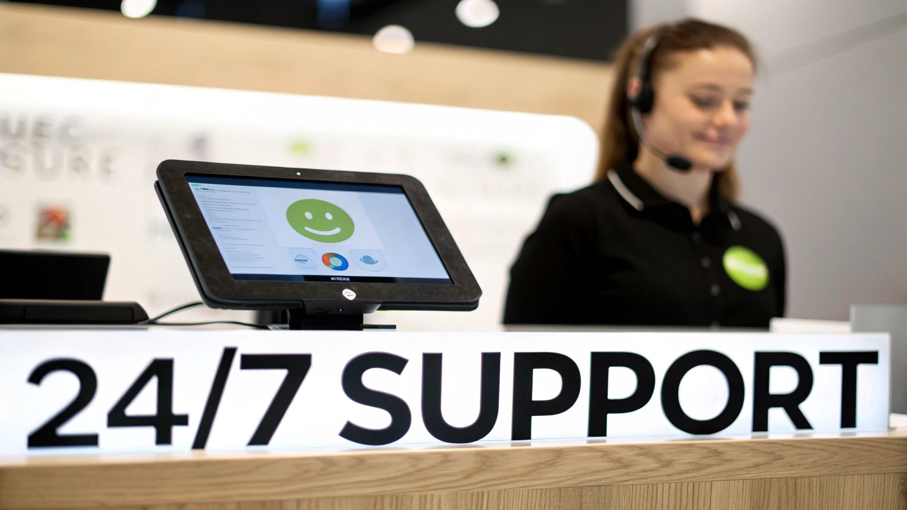 A blurred customer support agent with a headset behind a '24/7 SUPPORT' sign and a tablet showing a happy face.