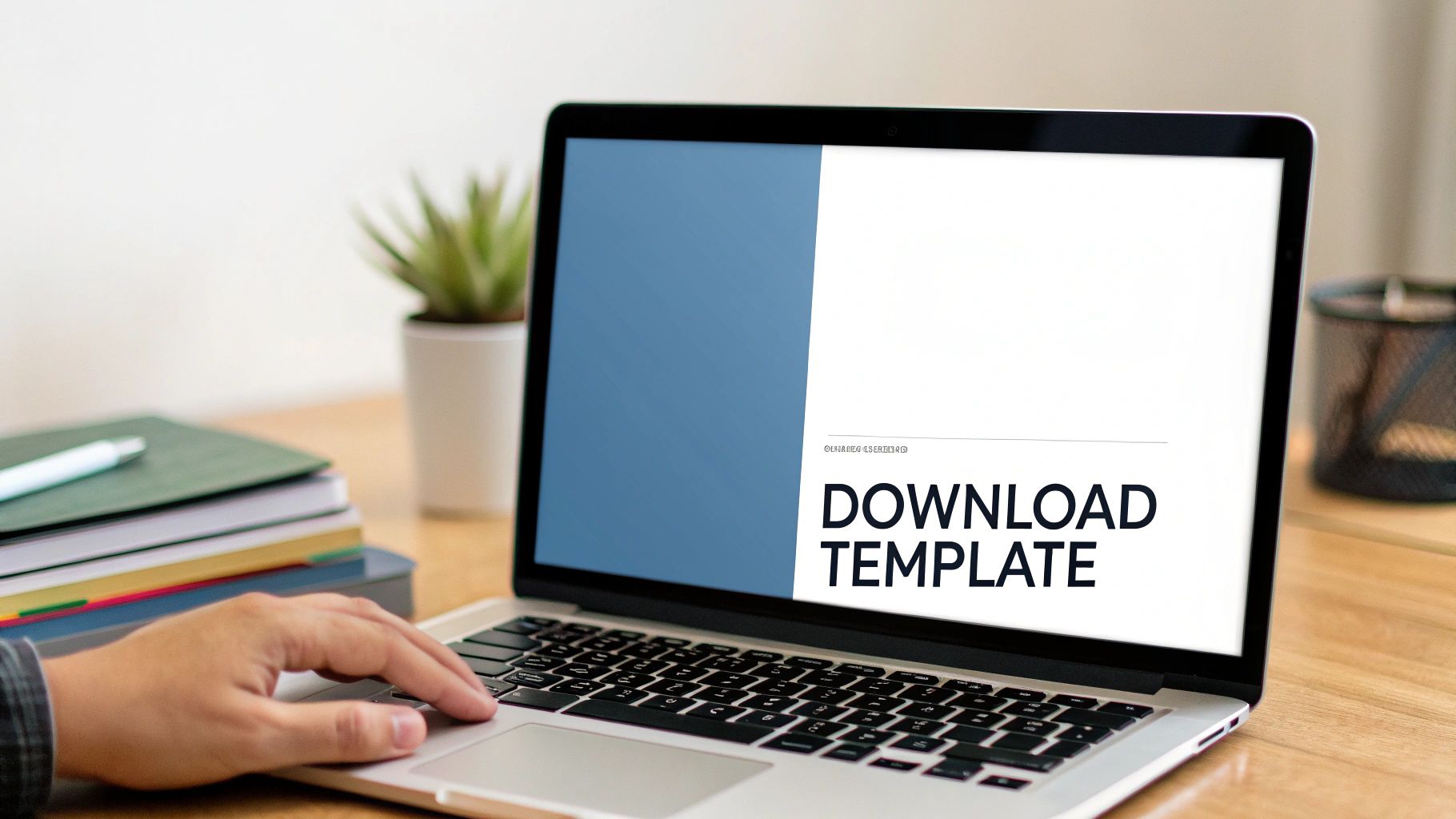 A person's hand on a laptop keyboard, displaying 'DOWNLOAD TEMPLATE' on the screen in a bright workspace.