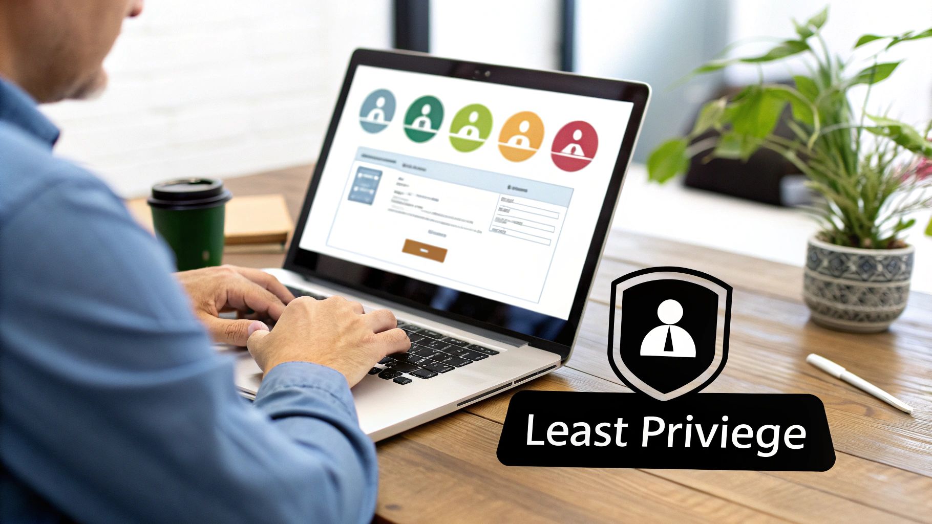 A person works on a laptop displaying user privilege levels, alongside a 'Least Privilege' security icon.