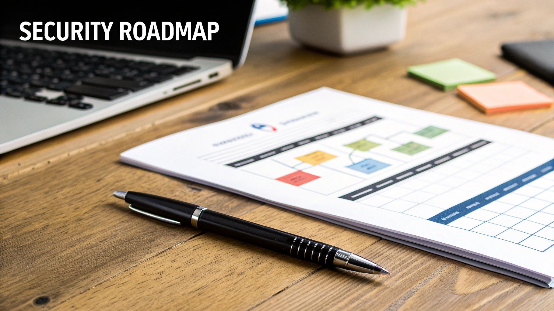 Close-up of a 'Security Roadmap' document with flowcharts, a pen, and laptop on a wooden table.