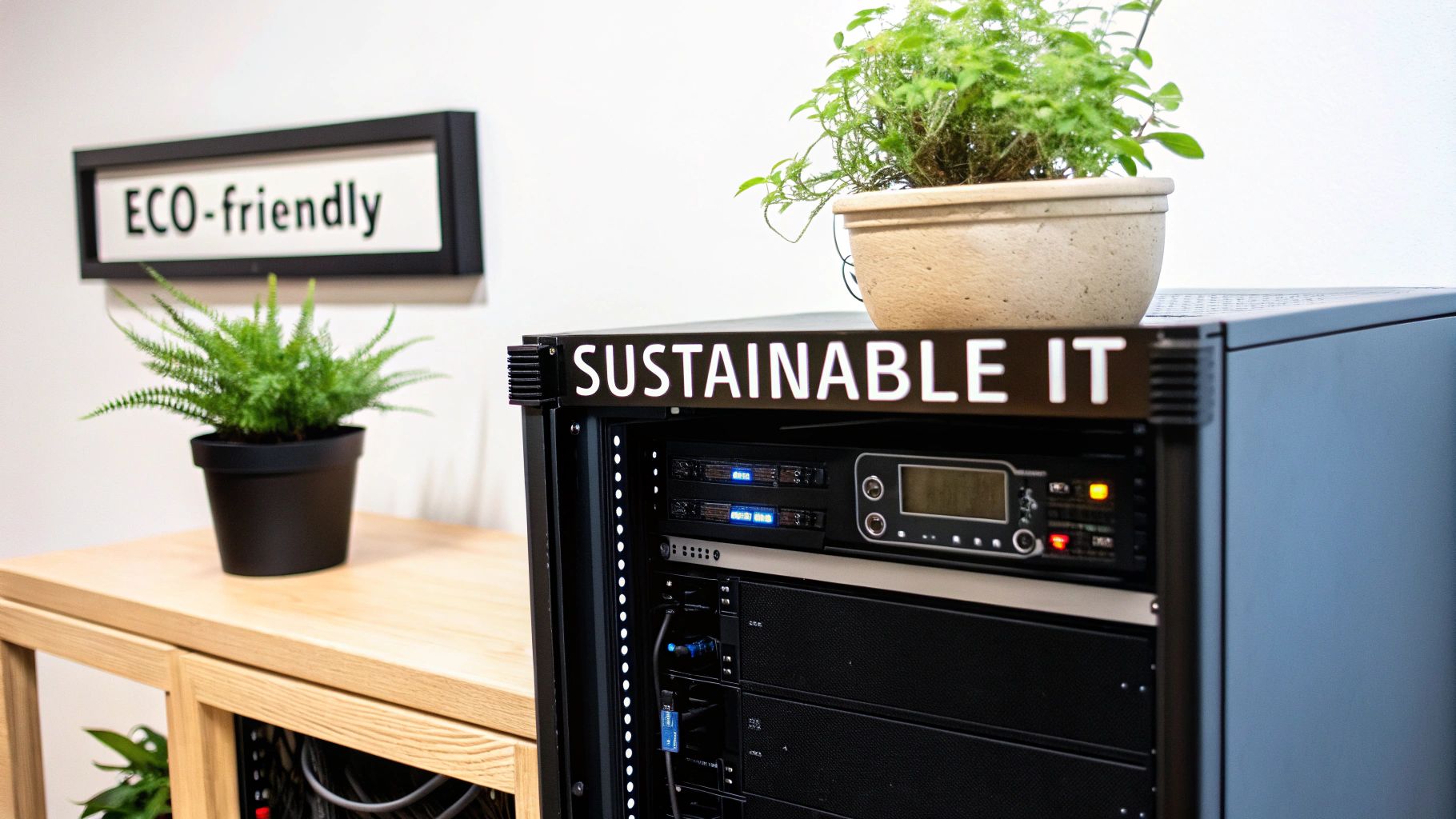A server rack with 'SUSTAINABLE IT' text on top, a plant, and an 'ECO-friendly' sign.