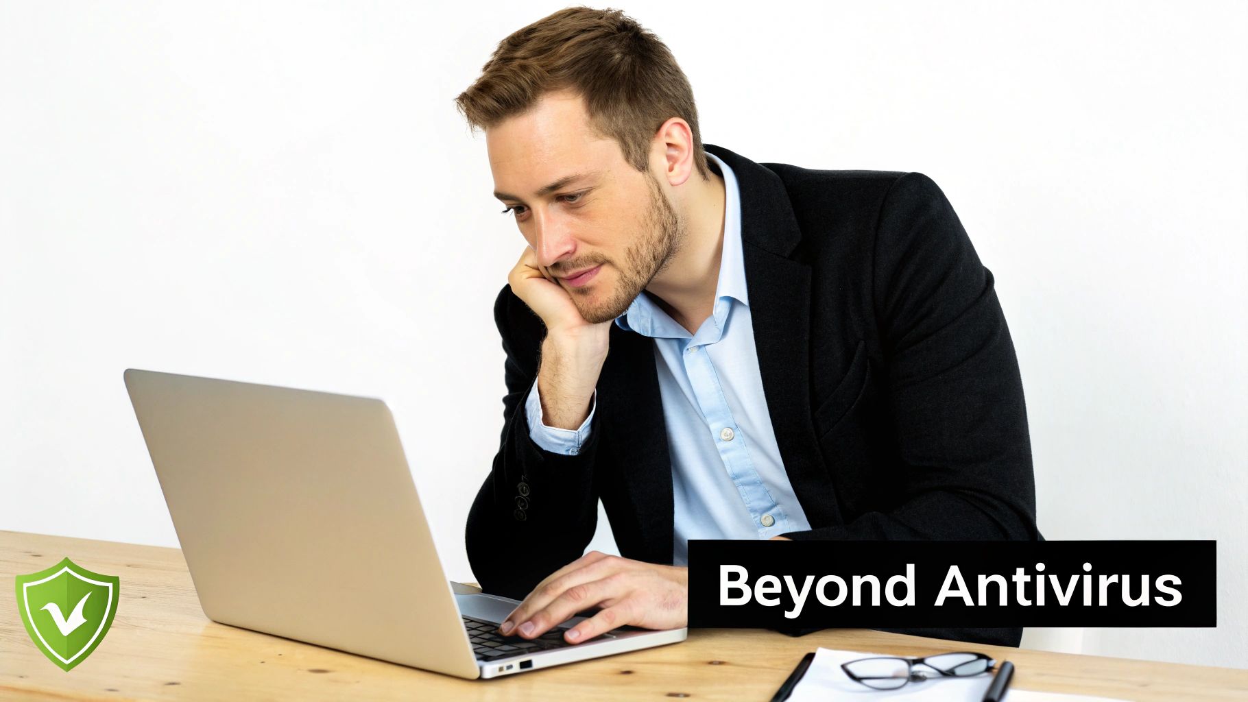 Man focused on his laptop, with a security shield icon and 'Beyond Antivirus' text, symbolizing digital protection.