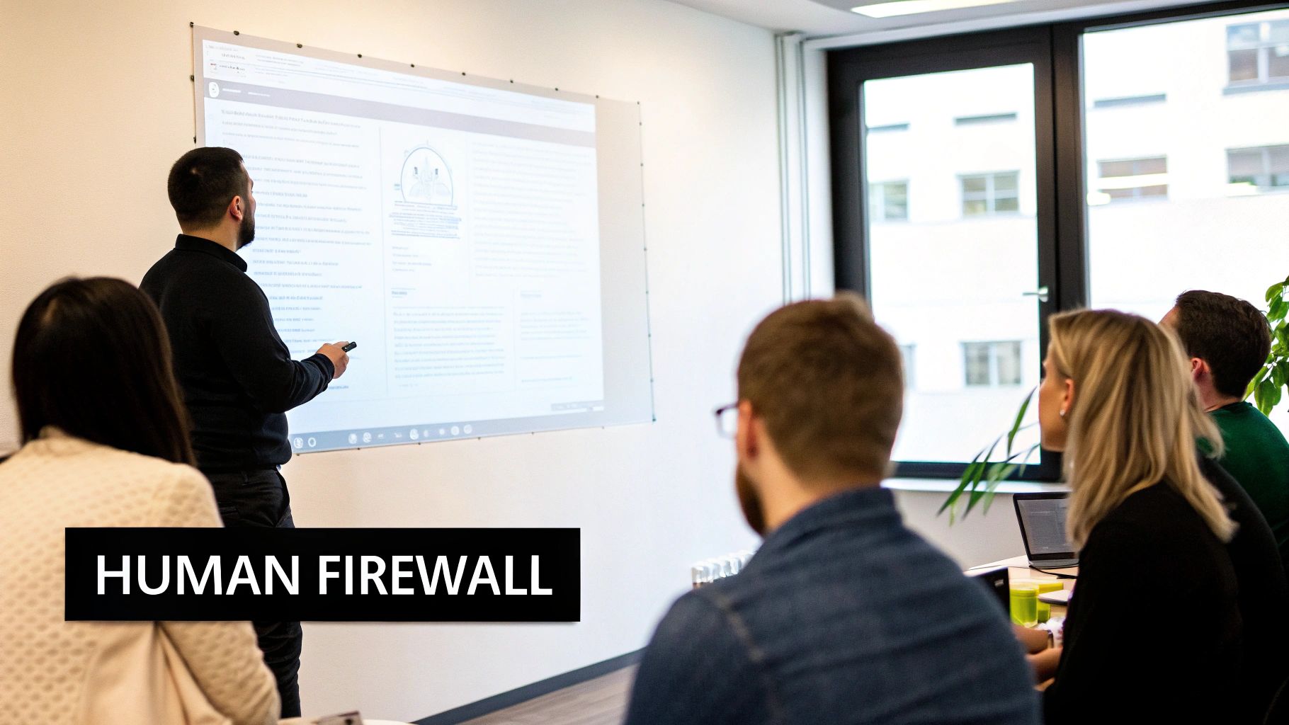 A man presents cybersecurity training on a projector screen to an attentive audience in an office.