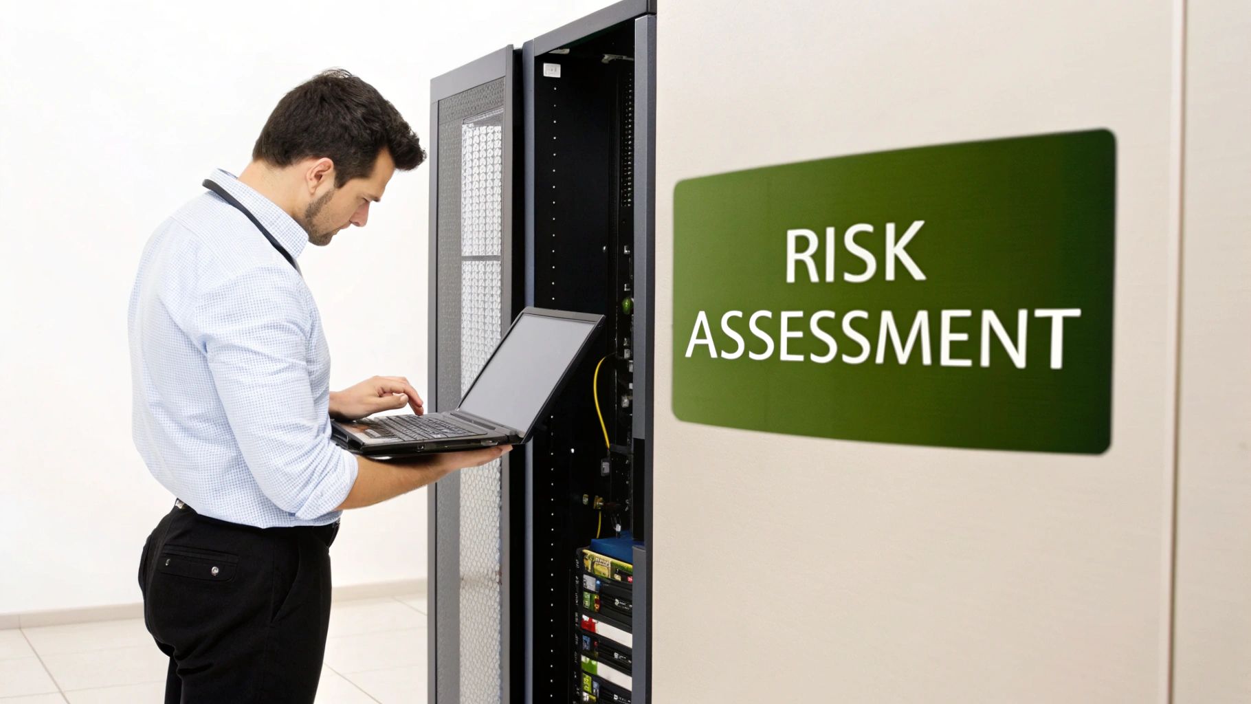 IT professional conducting cybersecurity risk assessment on server infrastructure with laptop computer