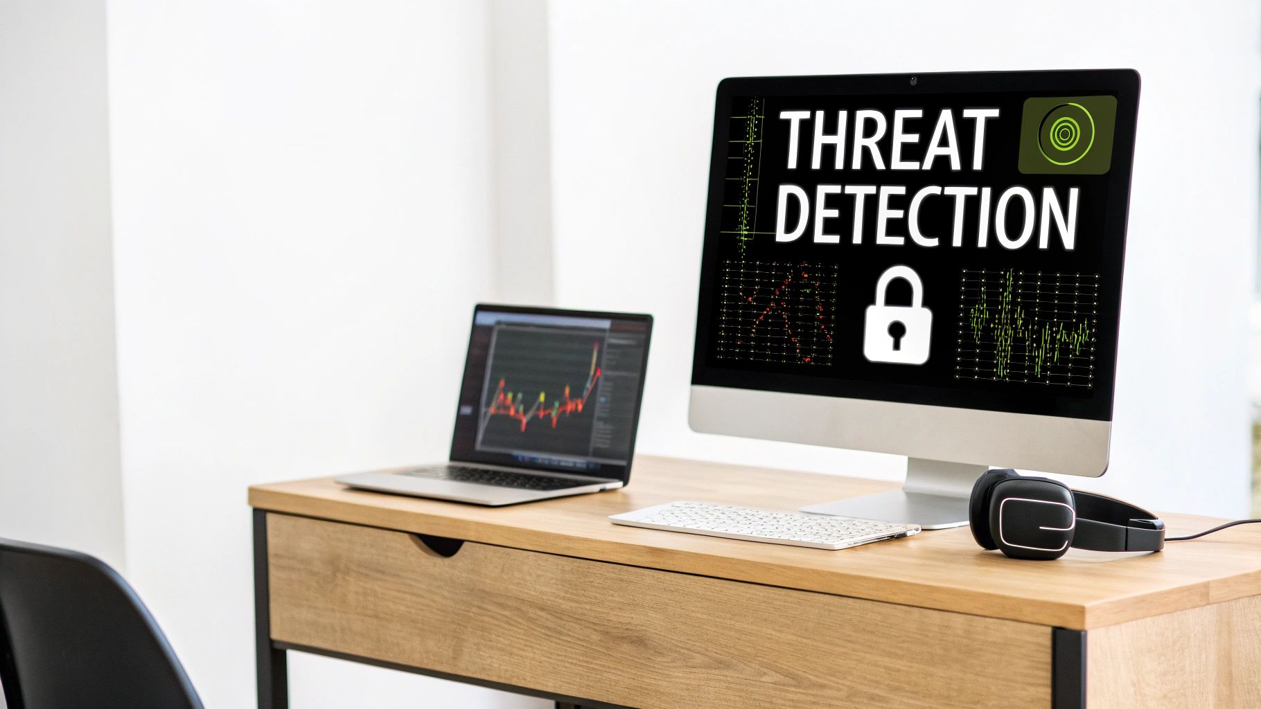 A workspace with a laptop and desktop monitor displaying 'THREAT DETECTION' and cybersecurity graphs.