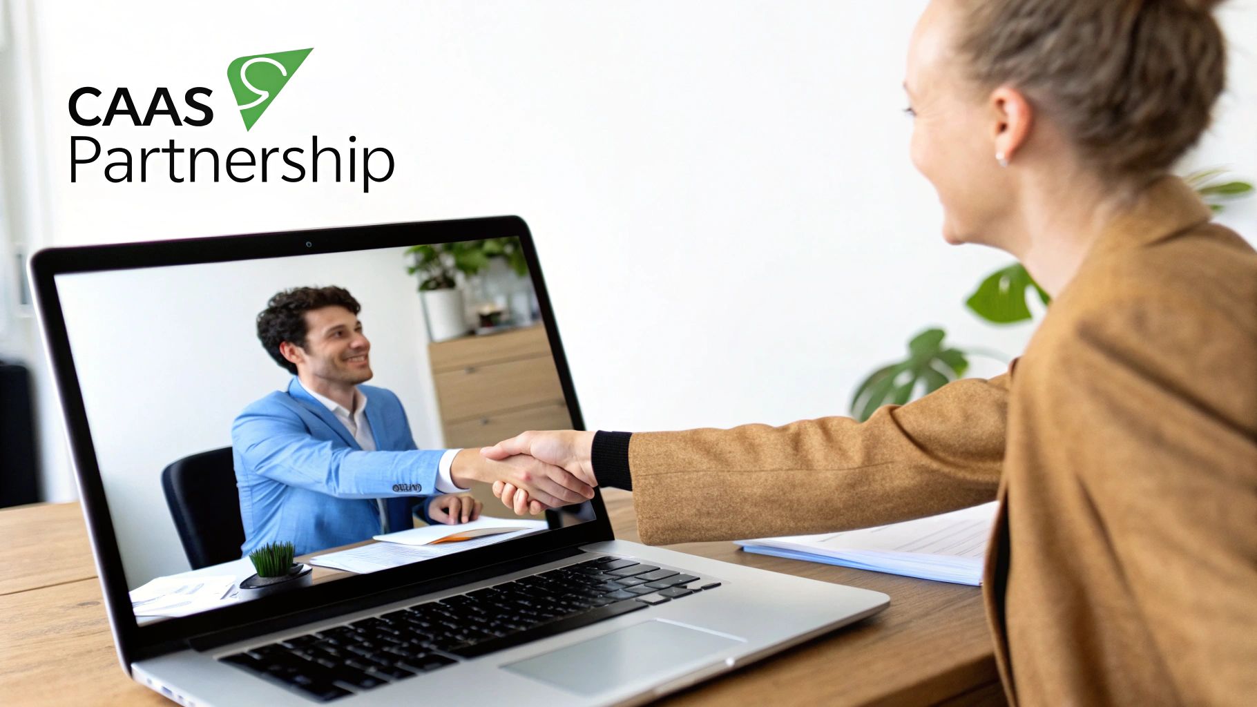A woman virtually shakes hands with a man on a laptop screen, symbolizing a CAAS partnership.