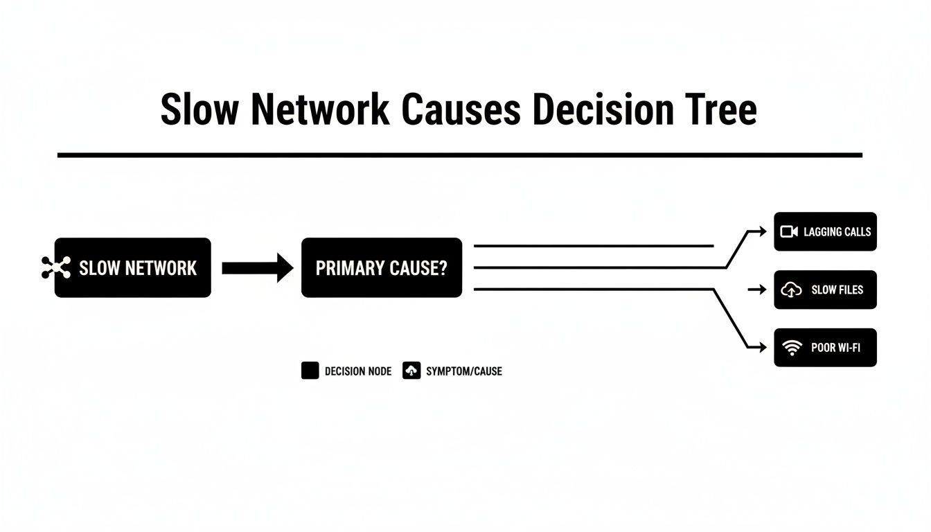 A black and white decision tree diagram detailing common causes and symptoms of a slow network.