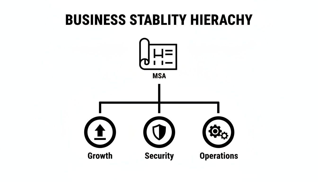 Diagram illustrating a business stability hierarchy with MSA leading to growth, security, and operations.