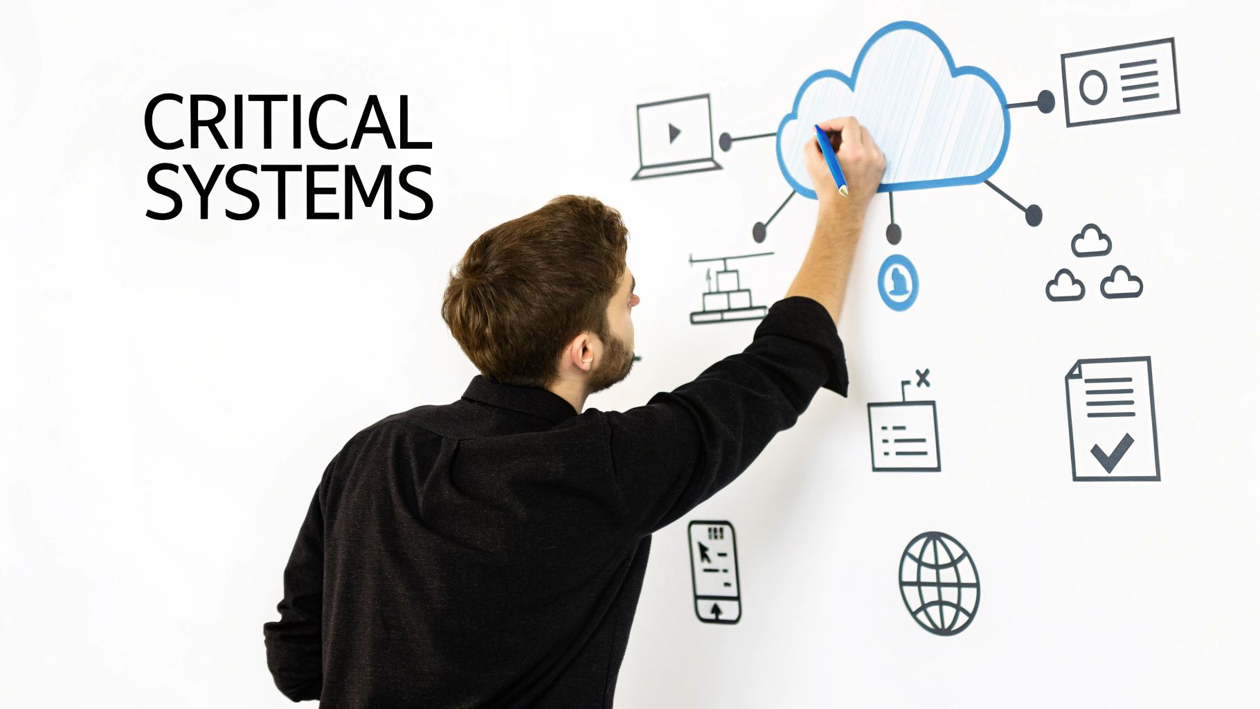 A team of professionals collaborating around a whiteboard with charts, indicating business impact analysis.