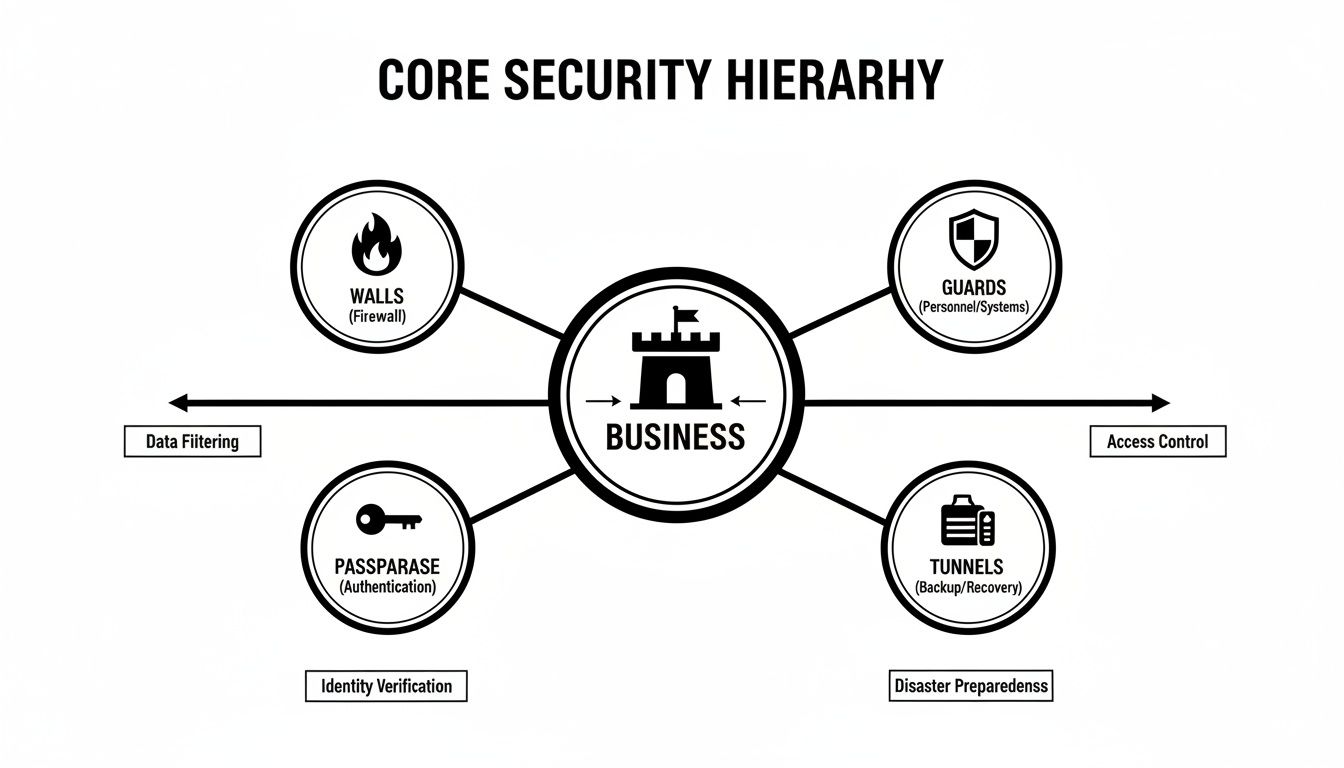 A core security hierarchy diagram centered on business, with walls, guards, tunnels, and passparase protecting it.