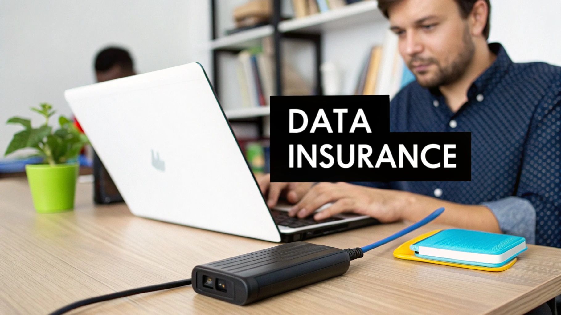 Man working on laptop with 'DATA INSURANCE' text, external hard drive, and plant on desk.