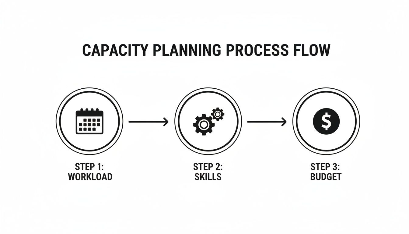 A capacity planning process flow diagram illustrating steps for workload, skills, and budget.