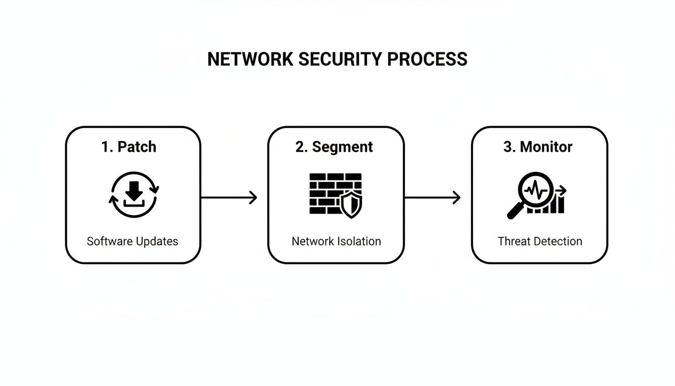 A diagram outlining a three-step network security process: Patch, Segment, and Monitor.