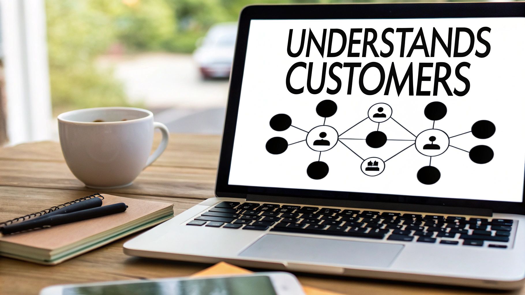 Laptop displaying 'UNDERSTANDS CUSTOMERS' with a customer network diagram, coffee, and notebook.