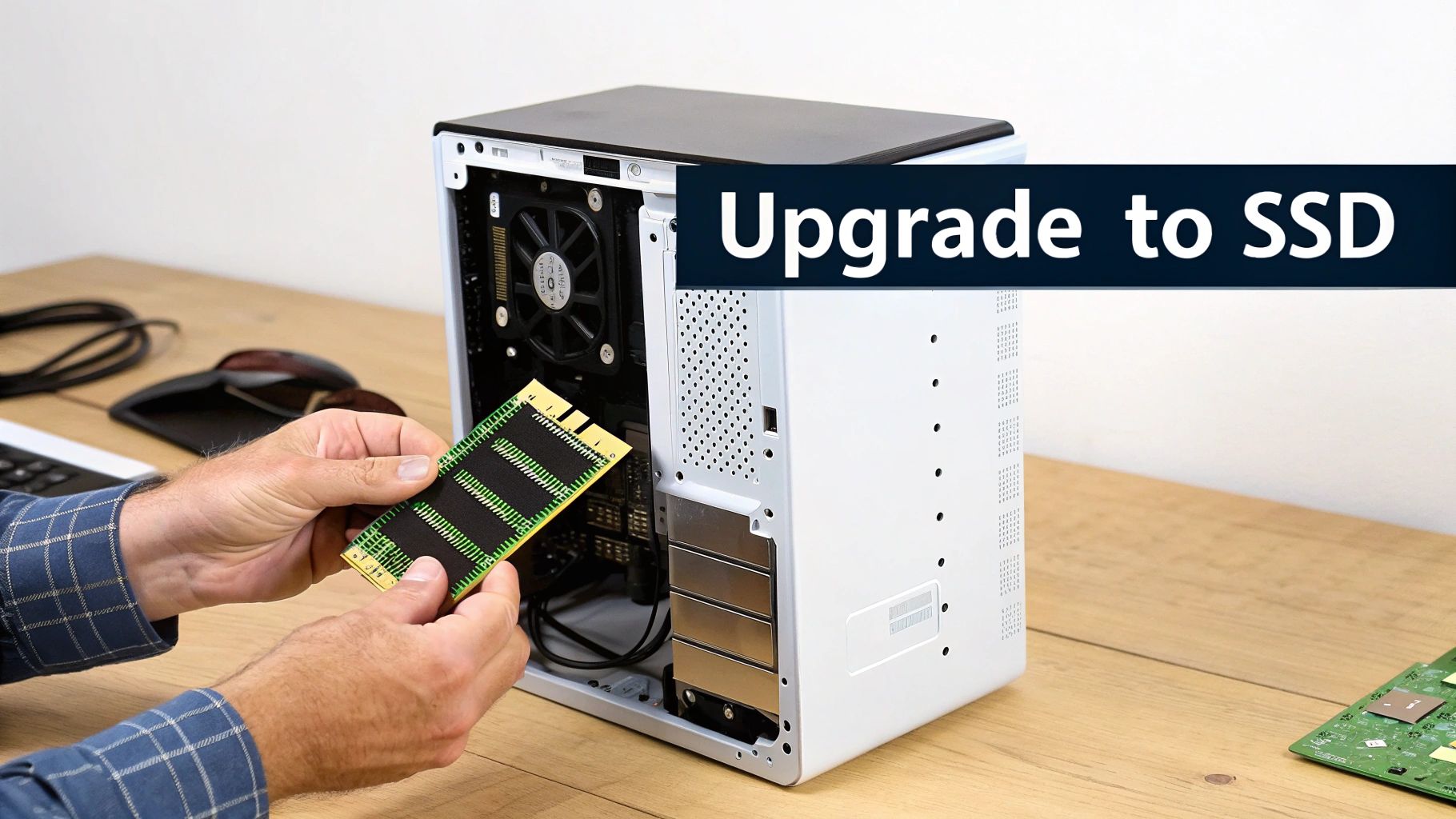 A person's hands hold a RAM stick, ready to install it into an open white computer case.