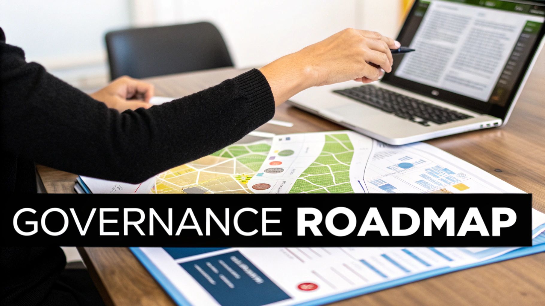 A team works on a roadmap on a whiteboard, representing the IT governance implementation process.