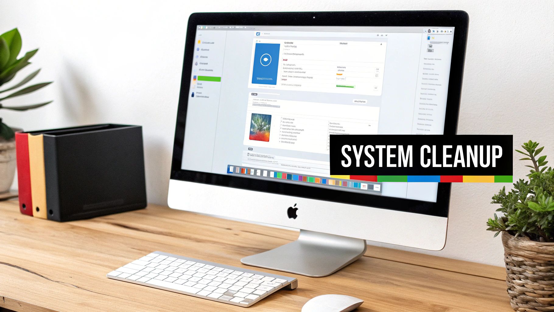 A clean office desk with an Apple iMac showing system cleanup software, keyboard, mouse, and organizers.