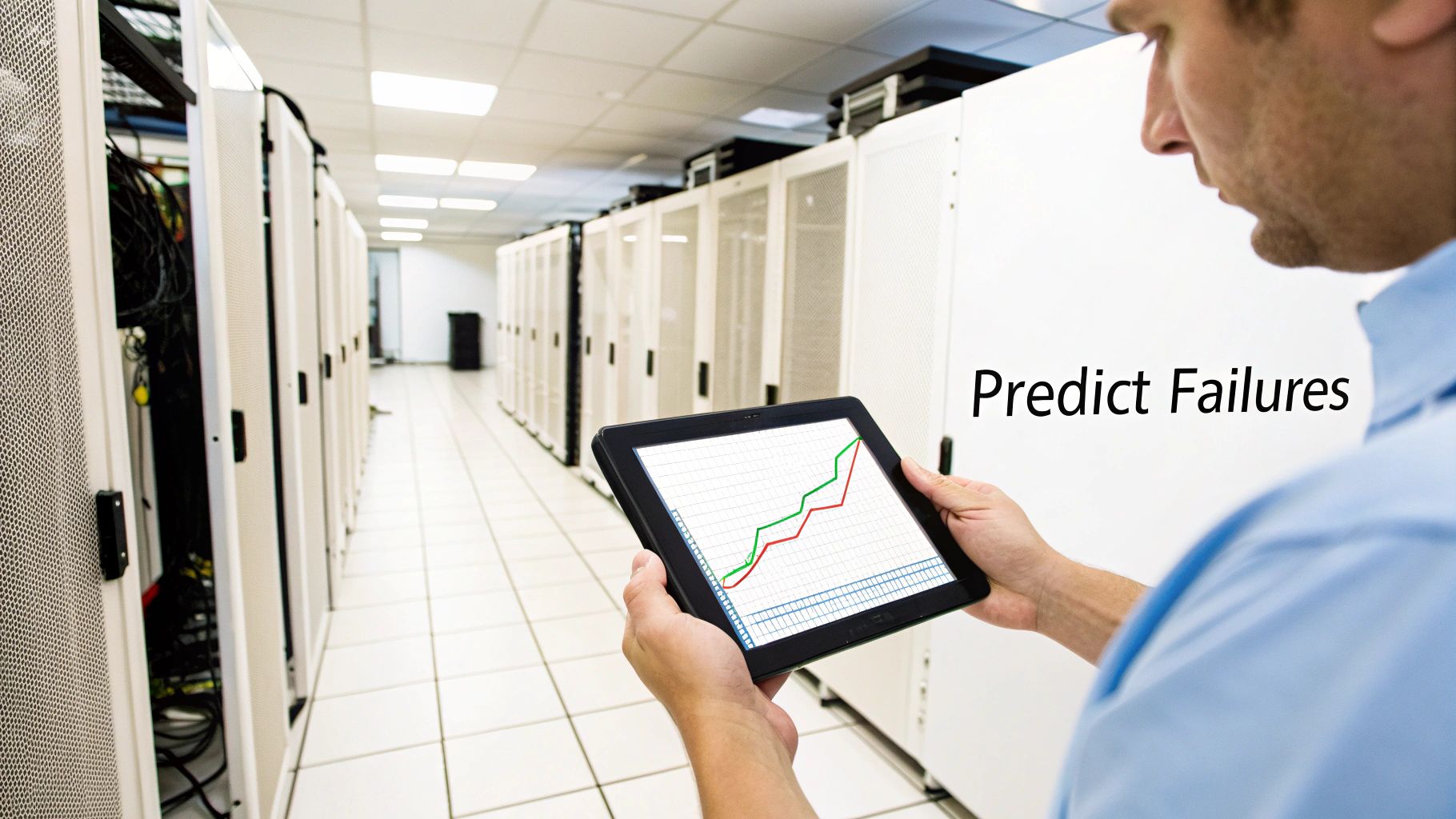 An IT professional uses a tablet with a graph to predict failures in a data center.