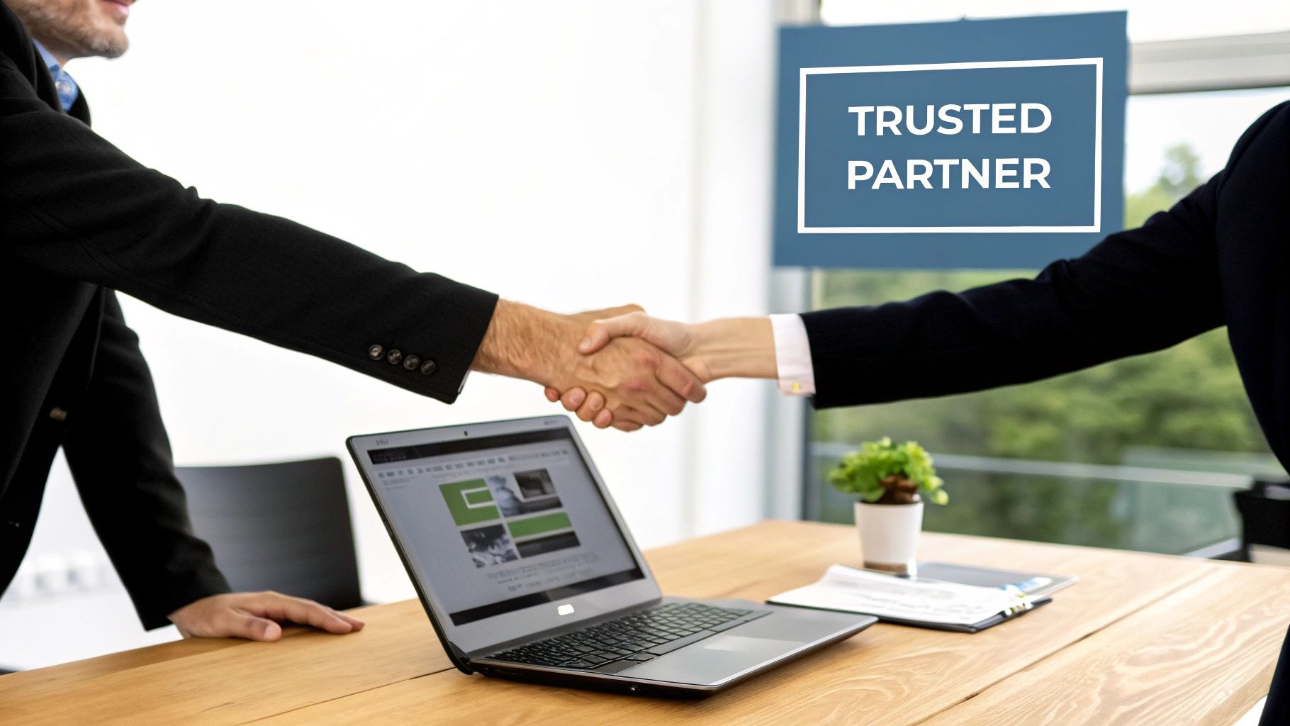 Two business professionals shaking hands in a modern office, representing a partnership for cybersecurity solutions for businesses.