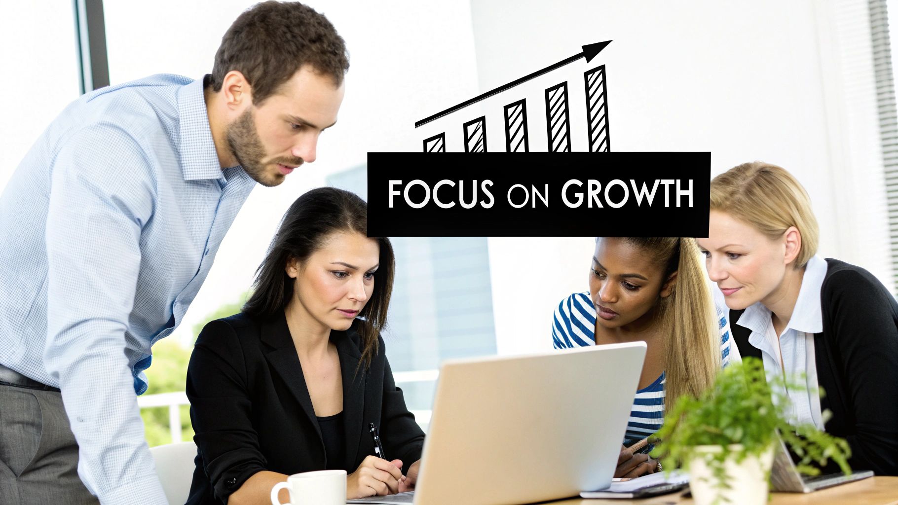 Diverse business team collaborating in an office, with a 'Focus on Growth' graphic overlay.