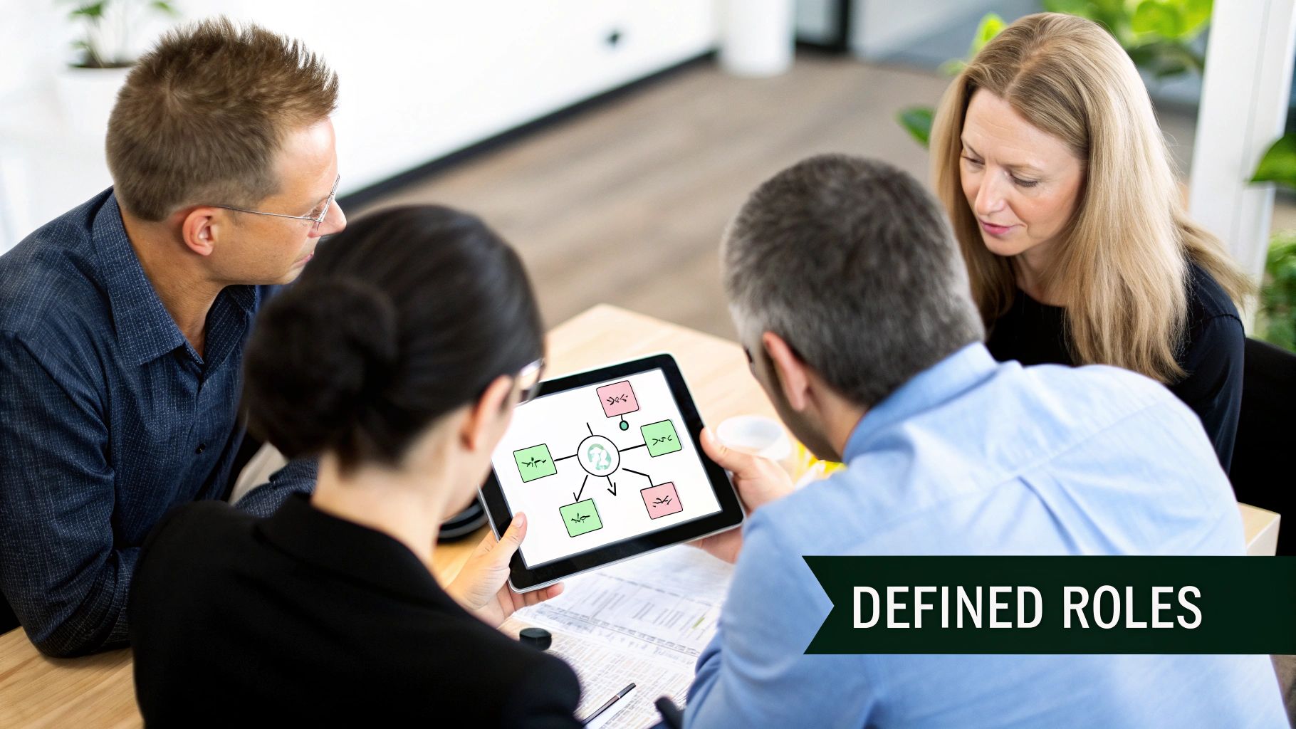 IT professionals collaborating on a governance plan in an office.