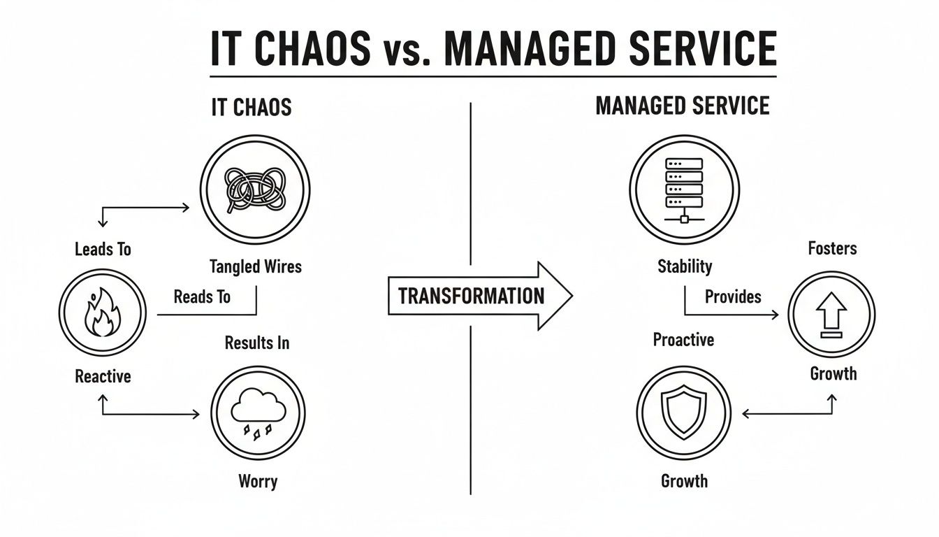 Diagram illustrating the transformation from IT chaos (tangled wires, reactive, worry) to managed service (stability, proactive, growth).