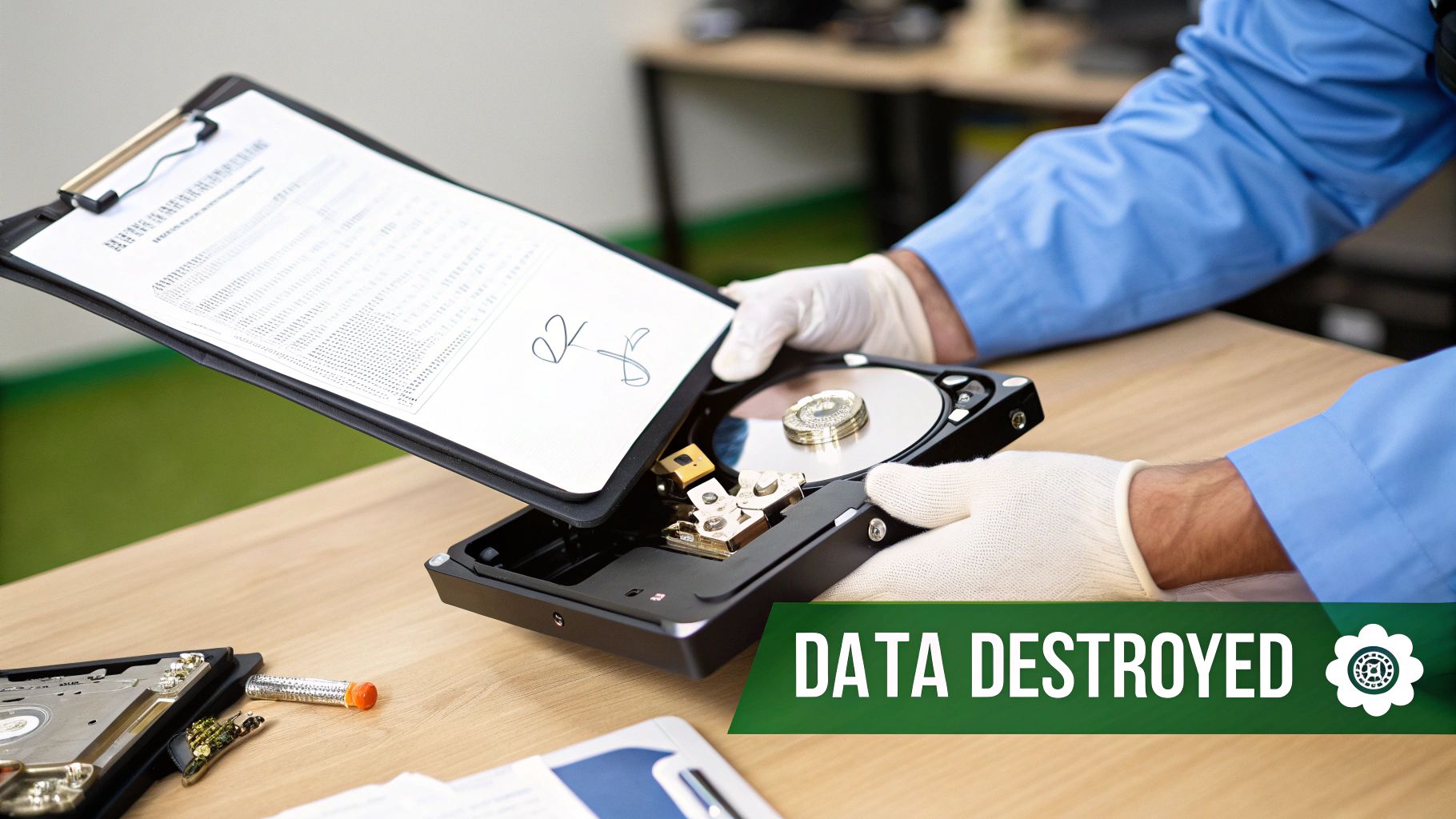 A technician wearing gloves holds a data destruction certificate over a disassembled hard drive.