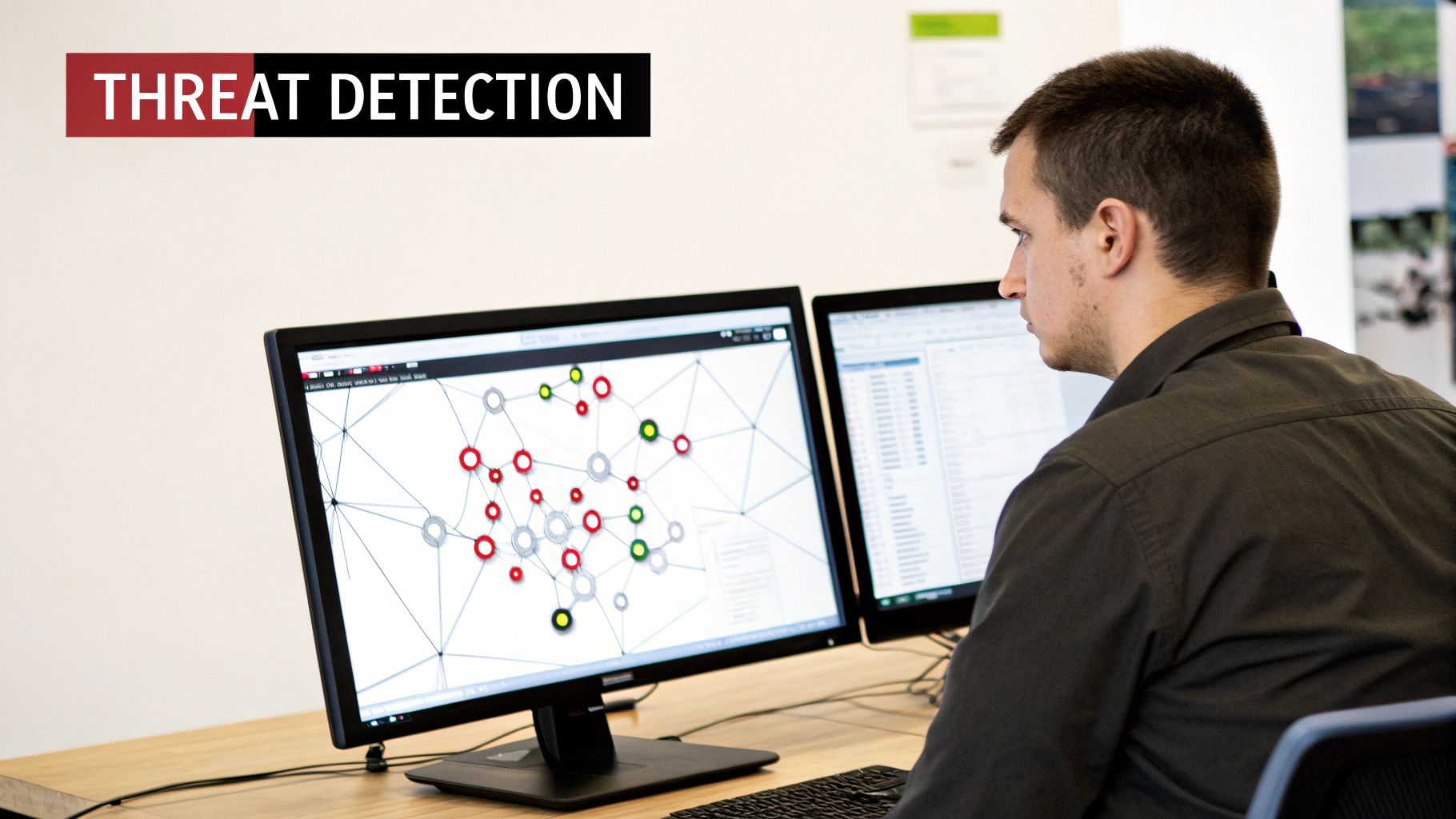 A man monitors two computer screens displaying network graphs and data for threat detection.