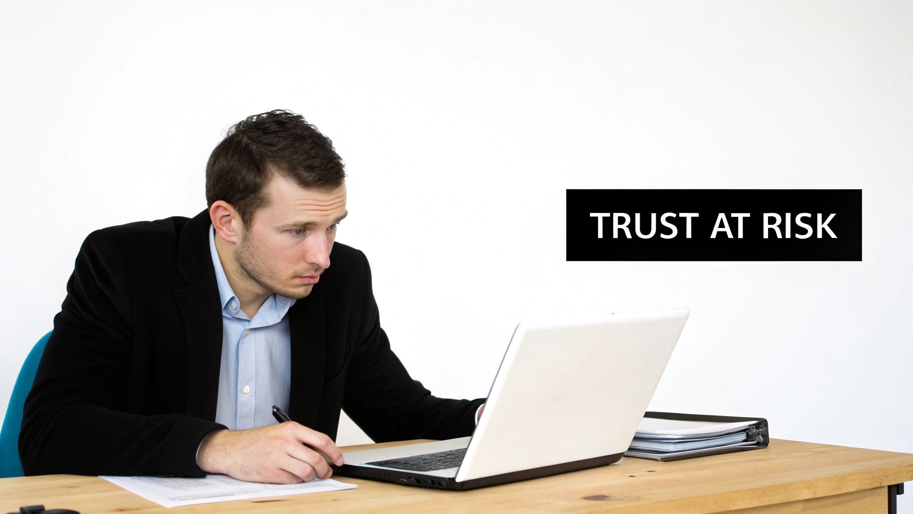 A man in a suit looks seriously at his laptop while writing, with "TRUST AT RISK" text.
