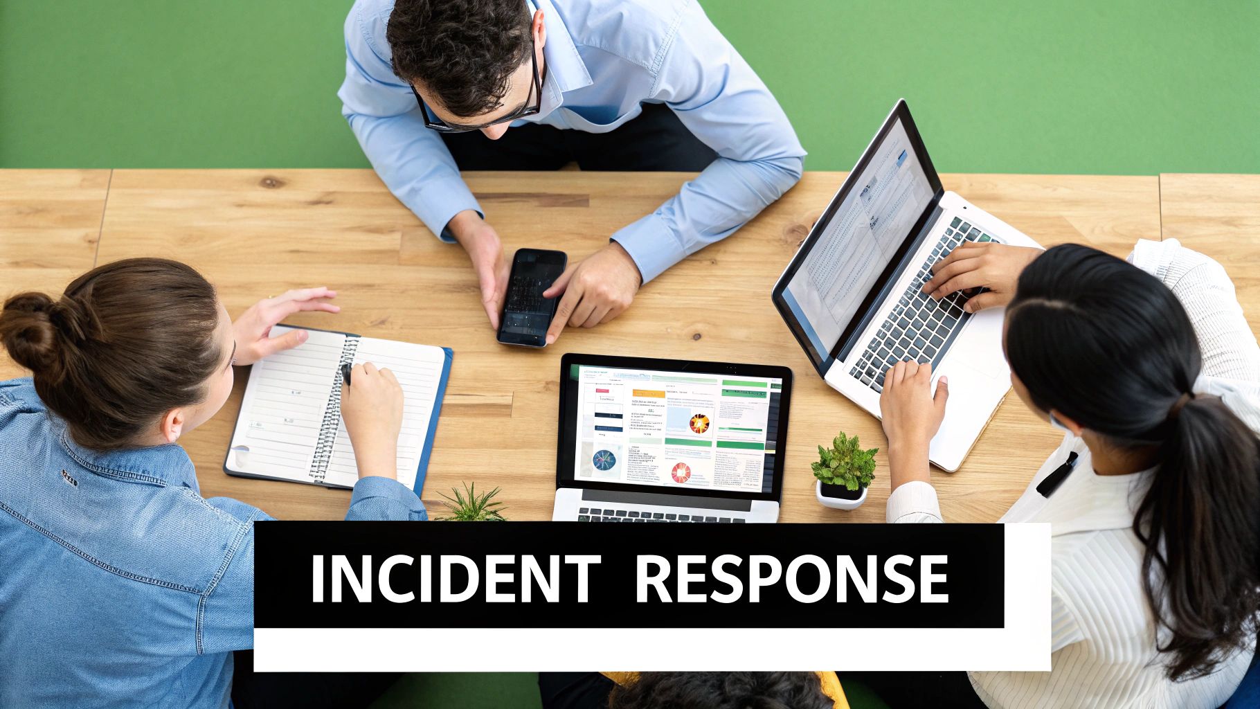 Overhead view of a team collaborating at a wooden table with laptops, a smartphone, and notebooks, focusing on incident response.