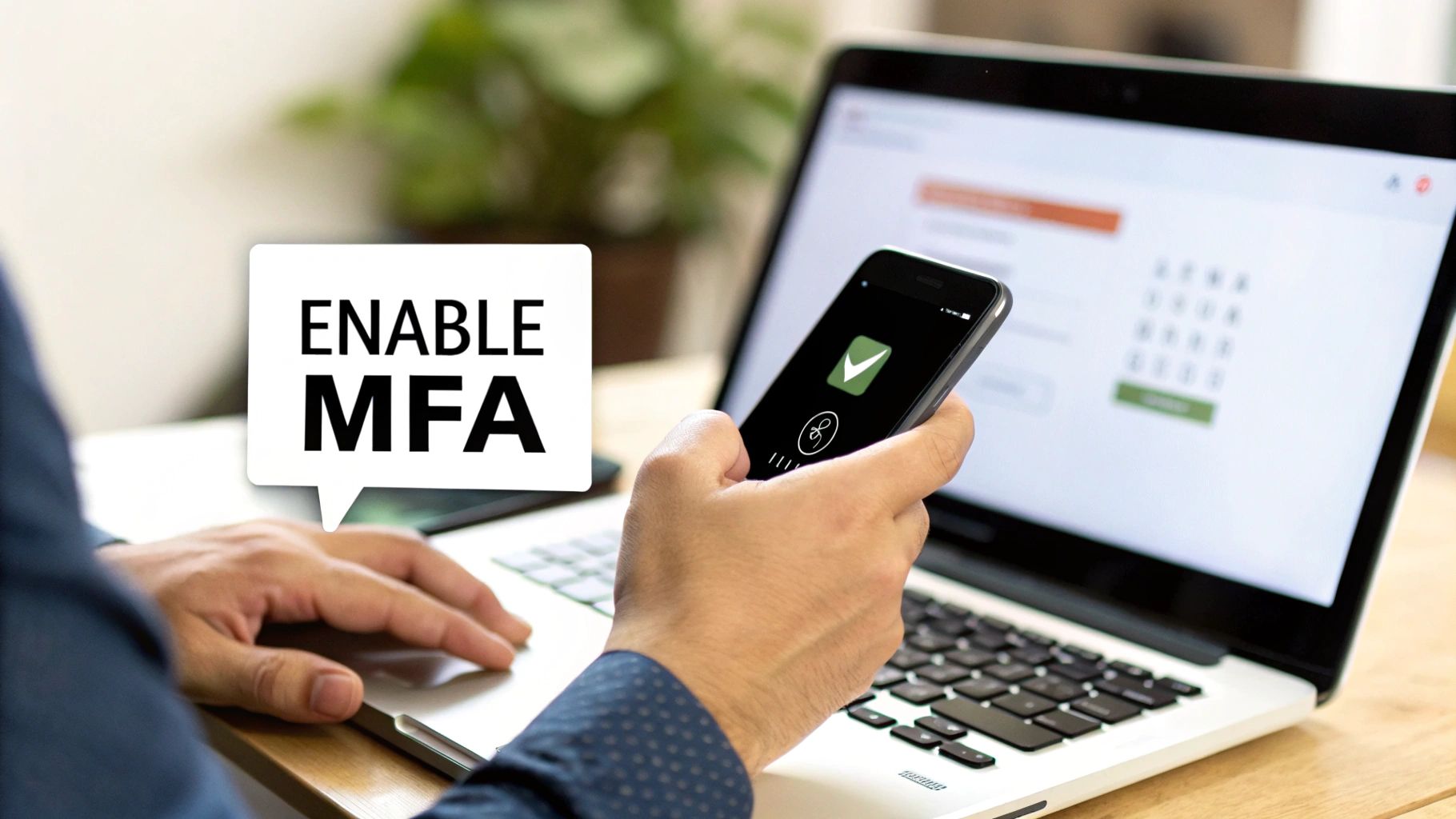 Person enabling Multi-Factor Authentication (MFA) on a laptop, using a smartphone for verification.