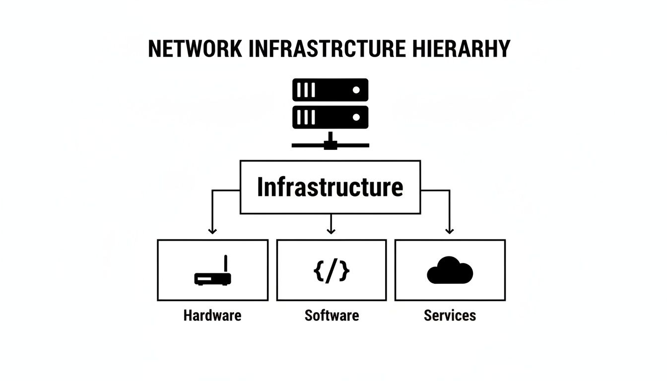 A diagram illustrating the network infrastructure hierarchy, breaking down Infrastructure into Hardware, Software, and Services.