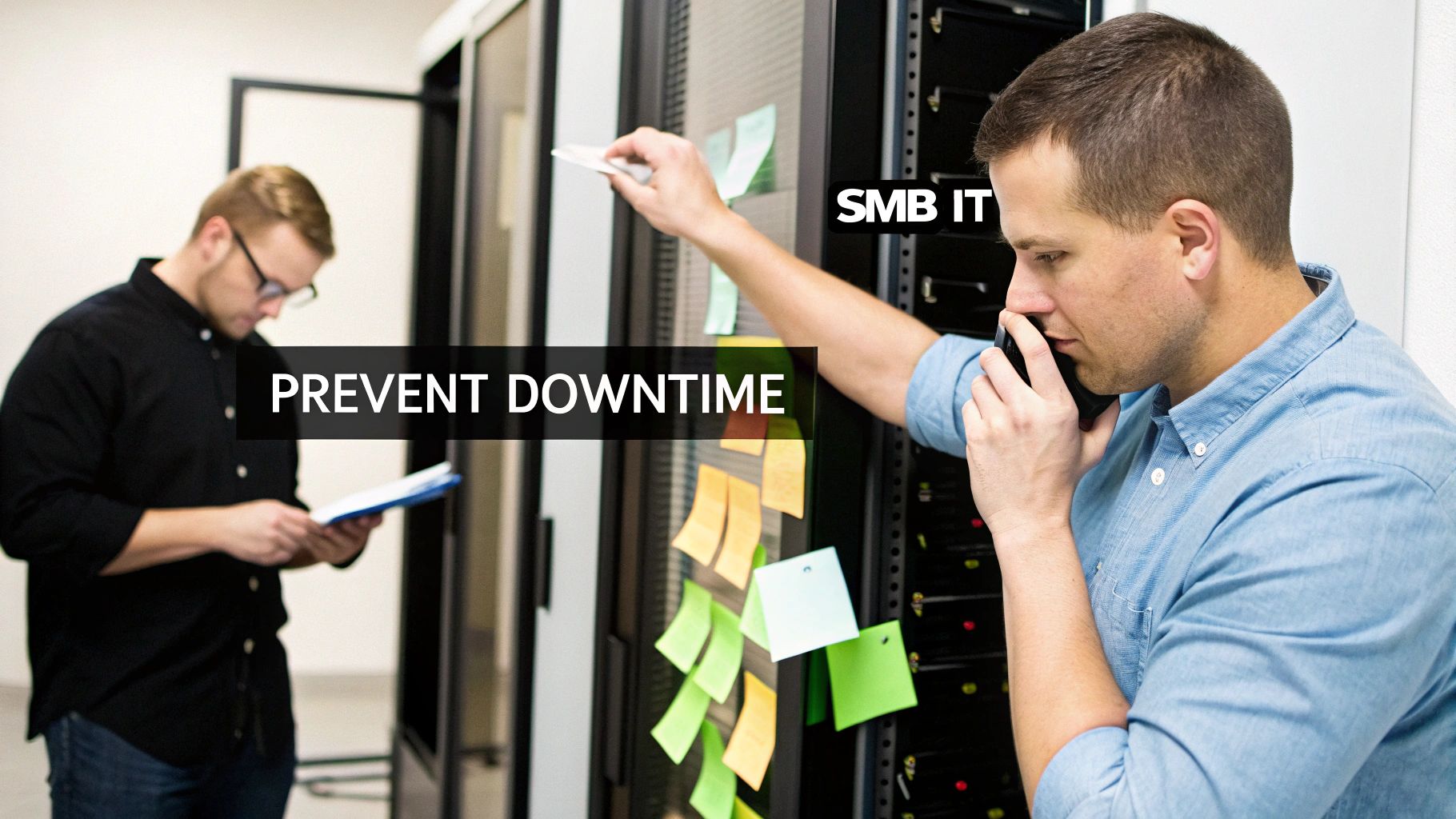 IT specialists troubleshooting servers in a data center, emphasizing preventing downtime for SMB IT.