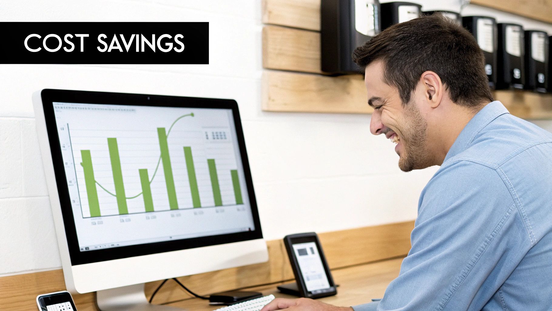 A man smiling happily while looking at a computer screen displaying a graph and 'COST SAVINGS' text.
