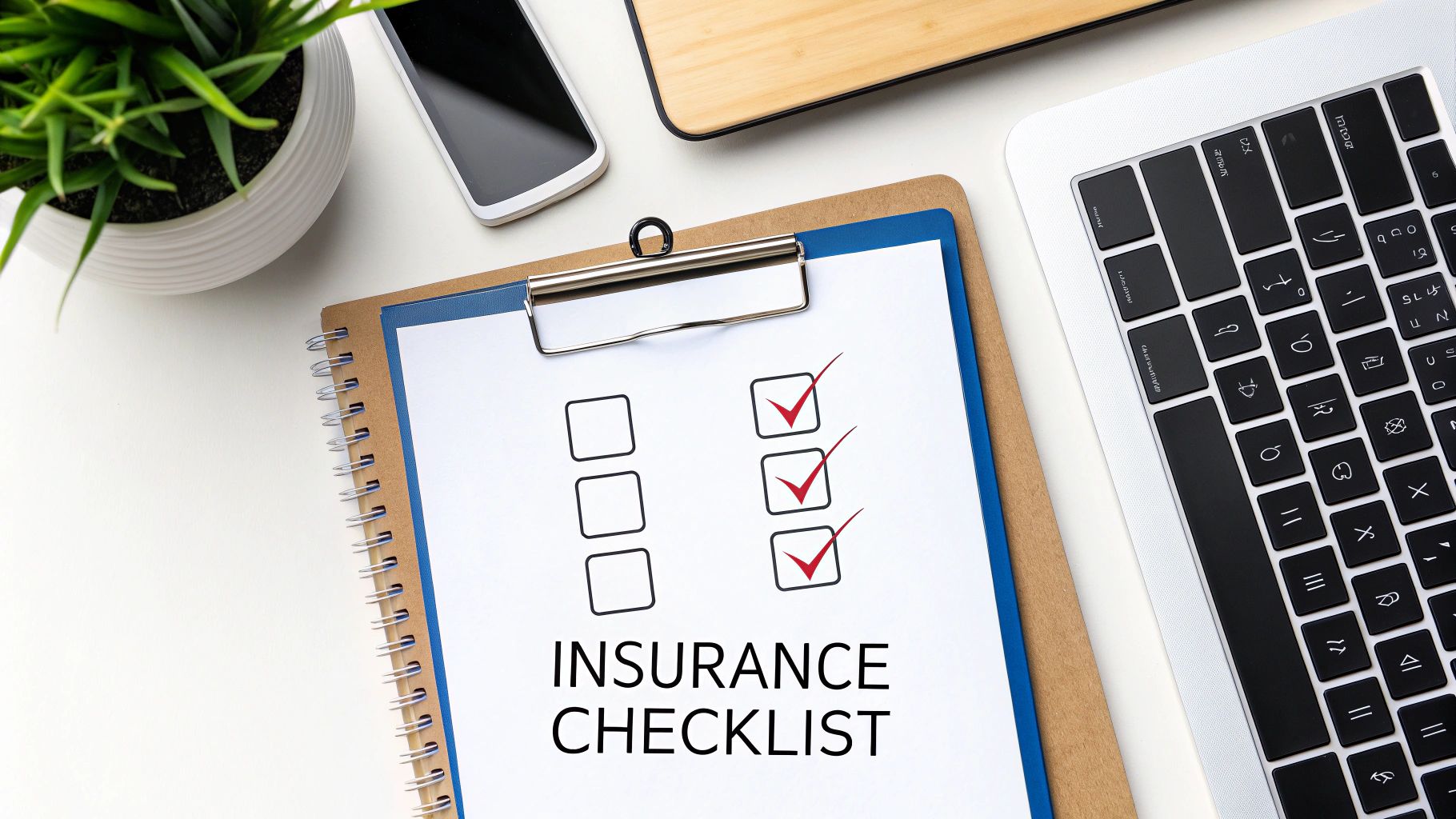 An overhead view of a desk with an 'INSURANCE CHECKLIST' on a clipboard, laptop, and phone.