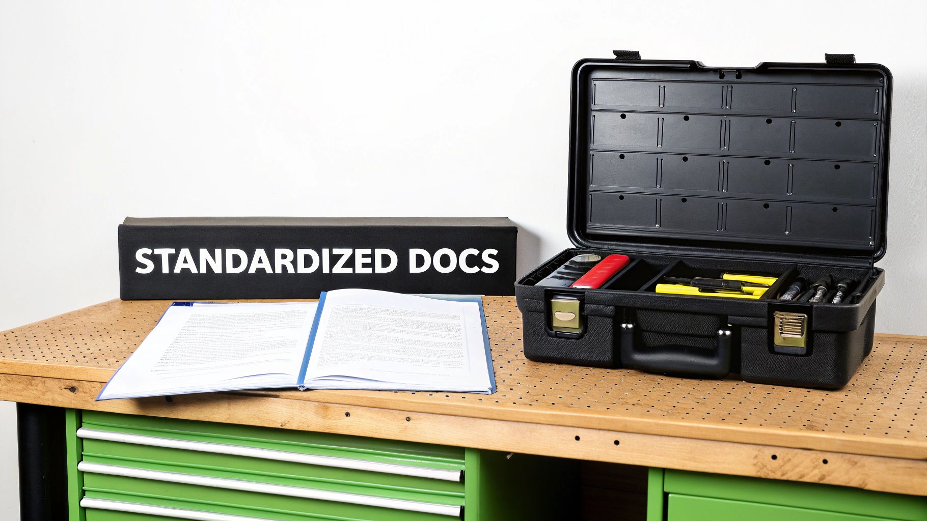 Workbench with "STANDARDIZED DOCS" box, an open binder, and a black toolkit containing various tools.