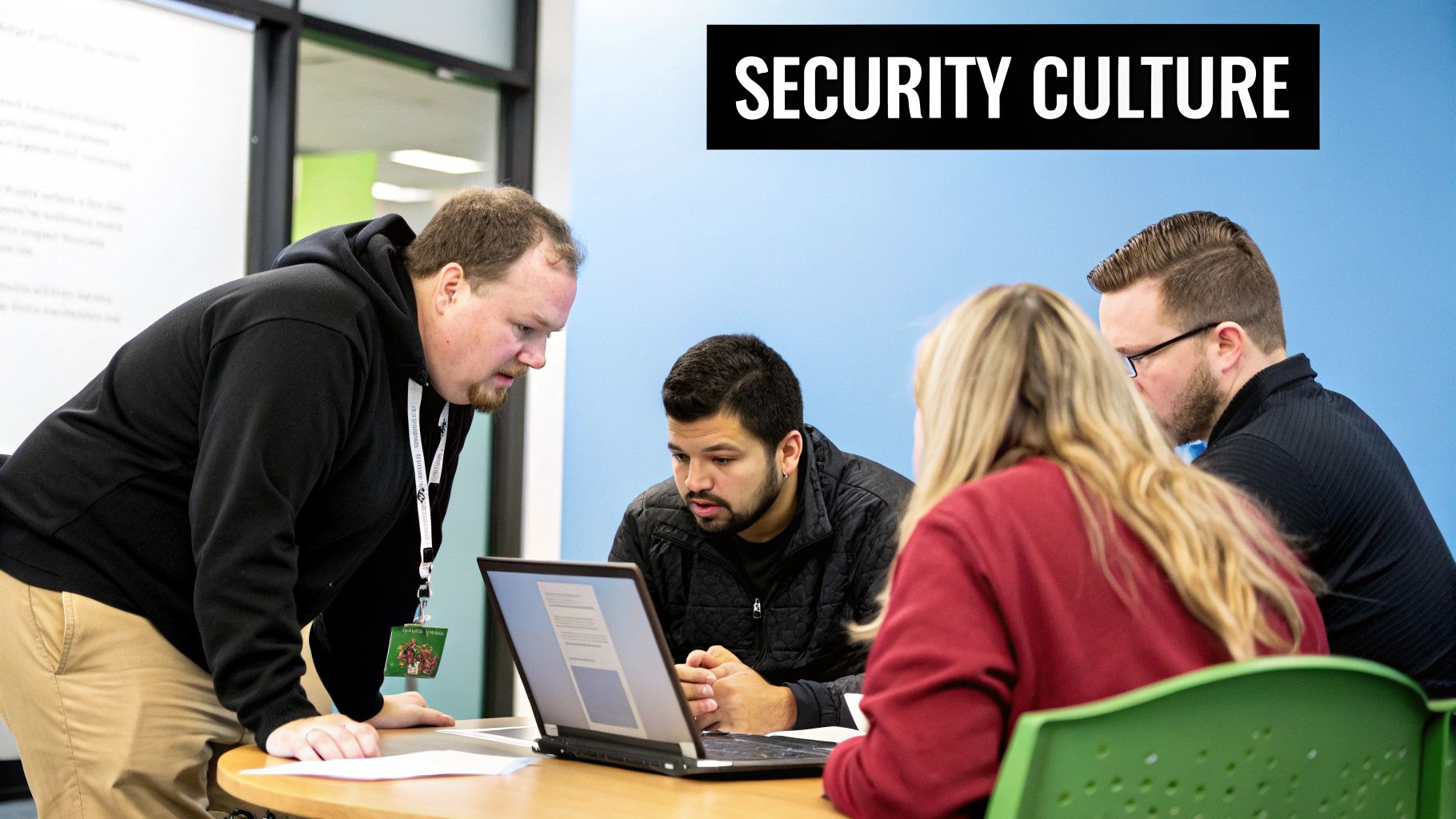 Four professionals collaborating around a laptop, discussing security culture in an office setting.