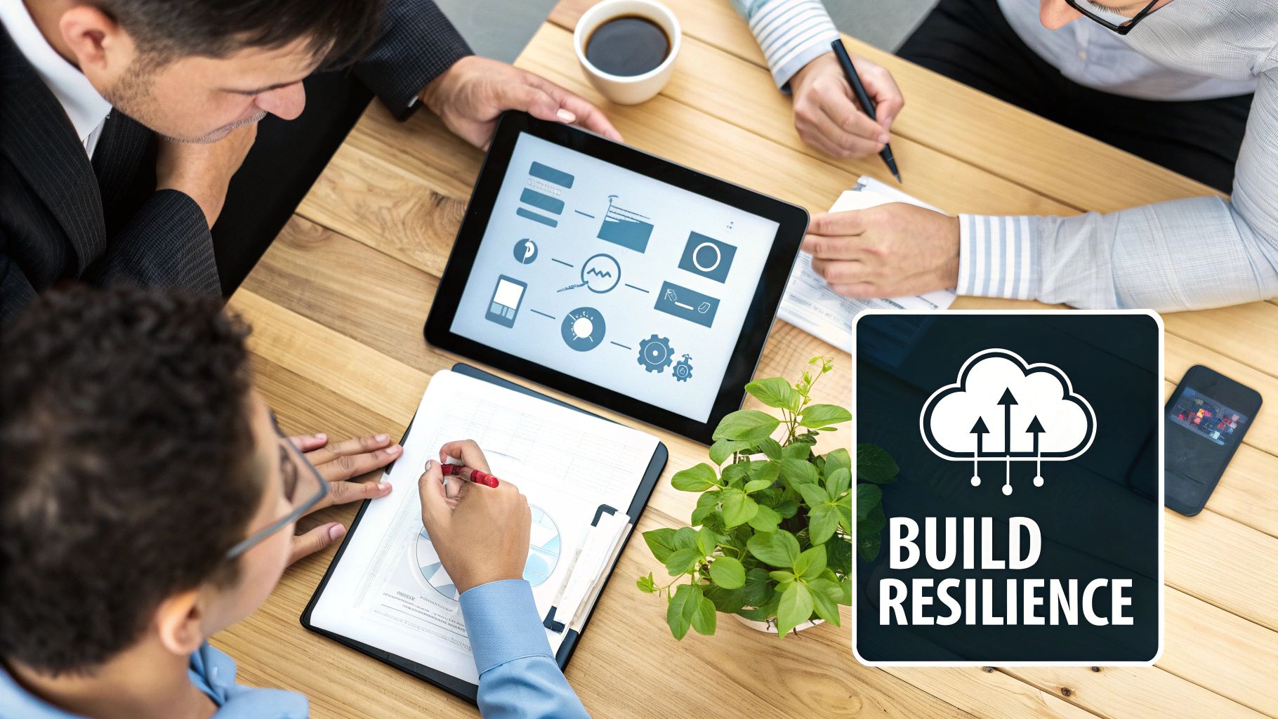 A team collaborating around a whiteboard, mapping out a business strategy.