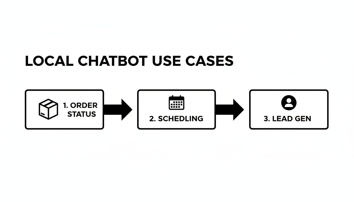 A diagram outlining local chatbot use cases: order status, scheduling, and lead generation.